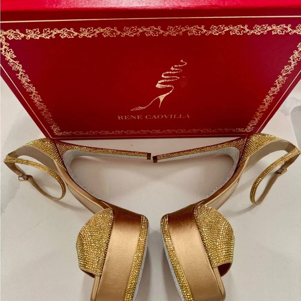 Rene Caovilla - Crystal Gold Platform Heels - New - 38 US - Picture 10 of 16